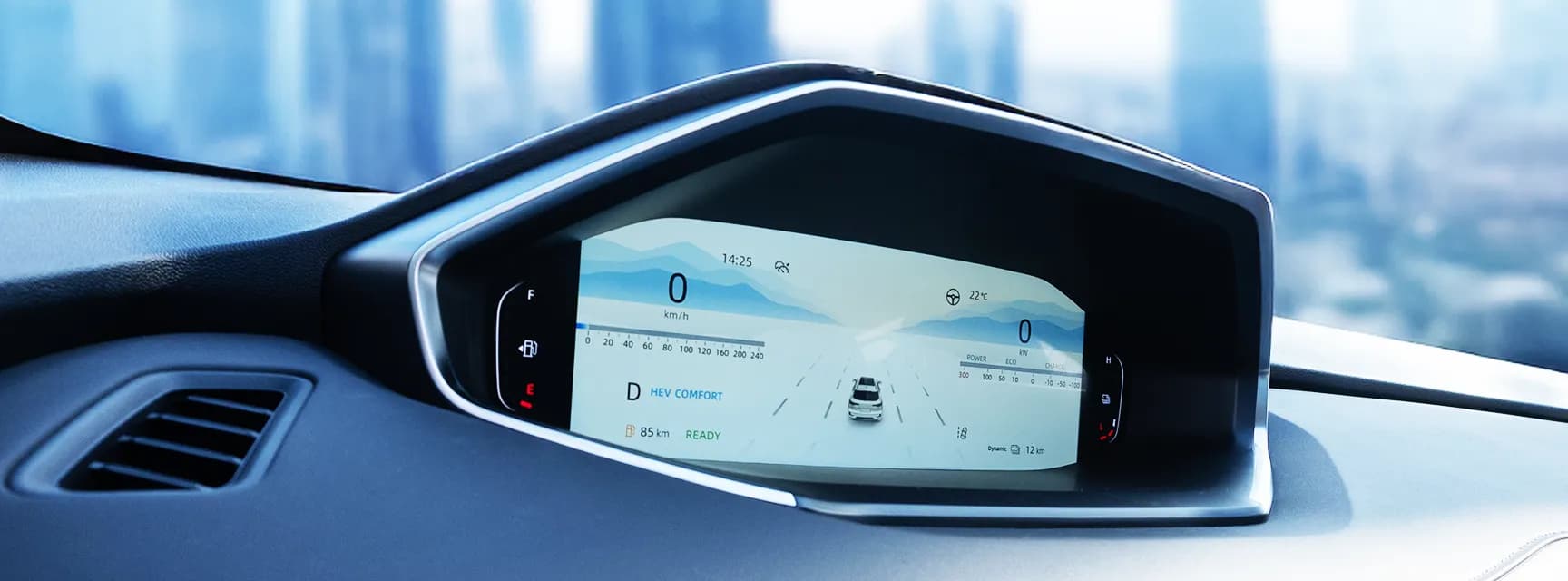 A digital cockpit display showing speed, RPM, and other vehicle data.